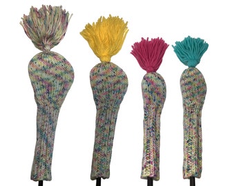 Four Piece Set Golf Club Headcovers for Driver, Fairway Wood and Hybrids with Yellow, Pink and Turquoise Tassels