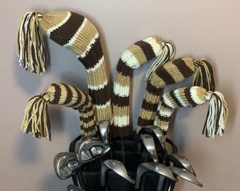 Golf Club Headcovers 5 Piece Set Brown, Taupe and Ivory Stripe for Driver, Fairway Woods and Hybrids  with Tassels Hand Knit Gift