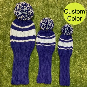 Custom Color Ace Stripes Golf Club Headcover Set With Pom-Poms Hand Knit Gift for Driver, Fairway Wood and Hybrid