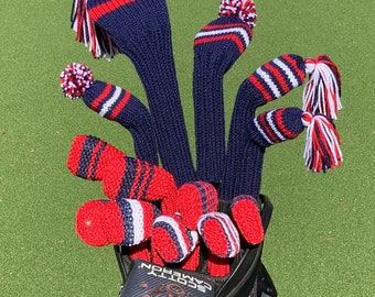 Navy Blue, Red and White Golf Club Headcovers for Hybrids, Fairway Woods, Driver and Irons/Wedges Head Cover Set Pom-Poms or Tassels