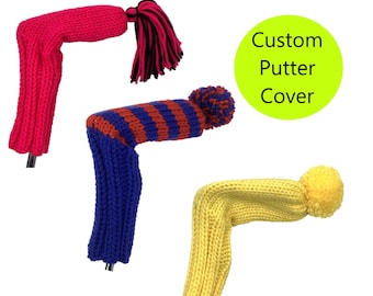 Blade Putter Golf Club Headcover, Handmade in Custom Color, With Pom-Pom Hand Knit Gift