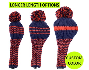 Benutzerdefinierte Color & Stripes Golf Club Headcover für Hybrids, Fairway Woods und Drive Head Cover Set mit Pom-Poms oder Quasten, handgestricktes Geschenk