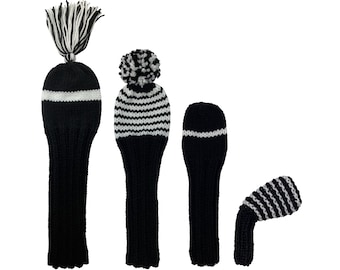 Black and White Golf Club Headcovers for Hybrids, Fairway Woods, Driver and Irons/Wedges Head Cover Set Pom-Poms or Tassels
