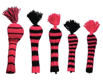 Golf Club Headcover Set 5 Piece Hot Pink & Black Stripe for Driver, Fairway Woods, Hybrids Head Covers with Tassel Hand Knit Gift