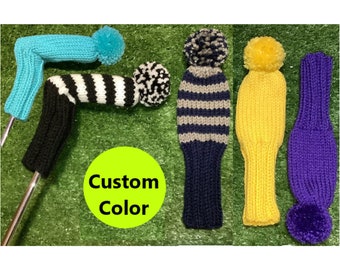 Blade Putter Golf Club Headcover, Handmade in Custom Color, With Pom-Pom Hand Knit Gift