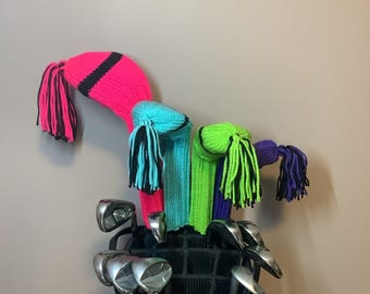 Neon Pink, Turquoise, Lime Green, Purple and Black Bright Colorful Golf Club Headcover Set with Tassels