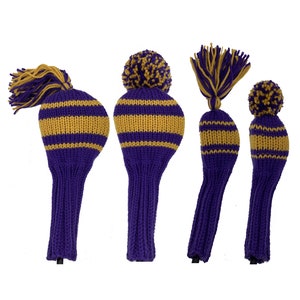 Purple & Gold Golf Club Headcovers for Driver, Fairway Wood and Hybrid Pom-Poms or Tassels Hand Knit Golfer Gift