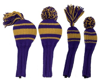 Purple & Gold Golf Club Headcovers for Driver, Fairway Wood and Hybrid Pom-Poms or Tassels Hand Knit Golfer Gift