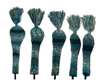 Golf Club Headcovers 5 Piece Set for Driver, Fairway Woods and Hybrids Teal, Turquoise, Black and Gray with Tassels Hand Knit Gift
