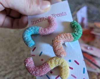 Gummy worm hairclips - set of three / novelty gift / food accessories