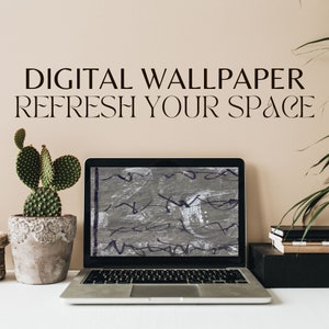 May include: A laptop computer with a grey and white abstract design on the screen. The text "DIGITAL WALLPAPER REFRESH YOUR SPACE" is on a beige wall behind the laptop.