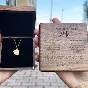 Colar com carta de amor para minha esposa, conjunto de presente em caixa de madeira gravada, marido para esposa - Você é minha peça, conjunto de joias de marido para esposa, envelope