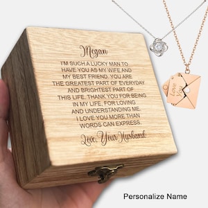 Soy un hombre tan afortunado de tenerte como mi esposa Set de regalo Collar de joyería para esposa De marido a esposa Caja de regalo de madera con mensaje grabado