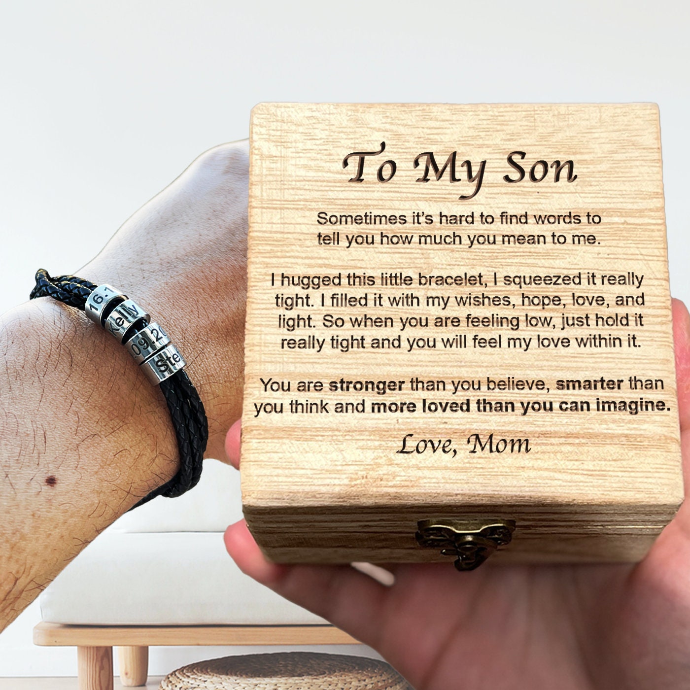 To My Son Bracelet – Stainless Steel Men’s Bracelet With Gift Box & Card | Personalized Engraved Gift From Mom/Dad, Adjustable