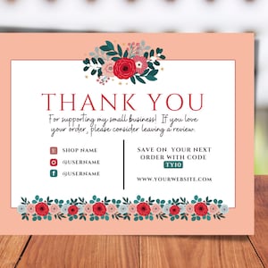 Modelo de cartão postal de agradecimento / Floral rosa / Modelo Canva / Pequenas empresas / Download digital