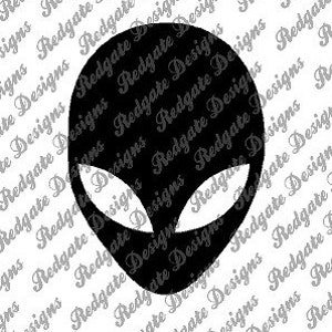 May include: Black alien head silhouette with large, almond-shaped eyes. The design is a simple, graphic representation of an extraterrestrial face. The background features a repeating pattern of the text "Redgate Designs."