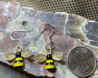 Bee w/ rhinestone wings. 925 Sterling Silver hooks