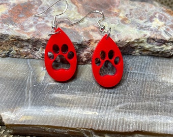 Laser Cut Acrylic Paw Earrings w/ 3/4" 925 Sterling Silver Hooks. Various sizes