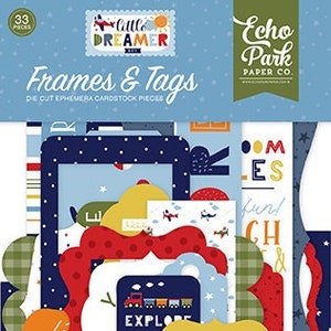 "Kleine Träumer Junge Kollektion von ""Echo Park"" Rahmen und Tags für Scrapbooking, Kartenbasteln oder Papierbasteln."