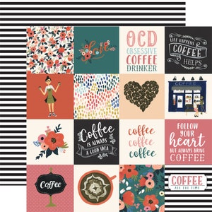 Coffee Collection from Echo Park 2 sheets of 3x3 Journaling Cards Paper for Scrapbooking, Cardmaking, or Paper Crafts
