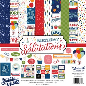 May include: A birthday-themed papercrafting kit with patterned papers, stickers, and embellishments. The kit includes papers with balloons, candles, and the words "Happy Birthday" and "Let's Party". The kit is 12x12 inches.