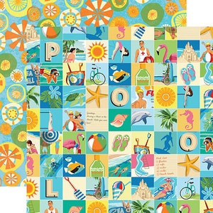 Summer Splash Carta Bella 2 Sheets of Beach Squares Paper for Scrapbooking, Cardmaking, or Paper Crafts