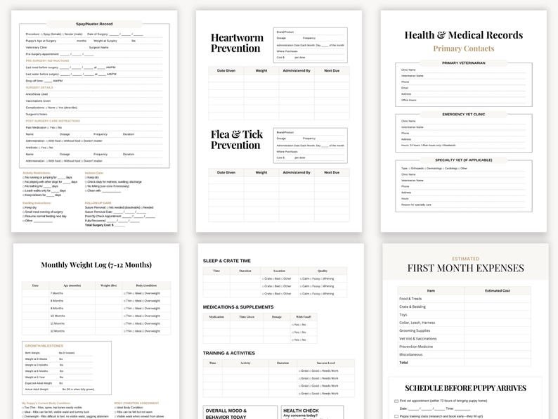 New puppy care binder printable designed for first-time dog owners with guided puppy development timelines, crate training tips, socialization strategies, grooming logs, and vet records. Helps ensure consistency, safety, and confidence during the most important stages of puppyhood.