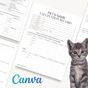 以下が含まれることがあります： グレーのタビーの子猫が、ペットの予防接種記録の白いシートの前に座っています。シートには、予防接種のリマインダー、ペットの名前、コアワクチンなどのセクションが含まれています。 Canvaのロゴが左下に表示されています。