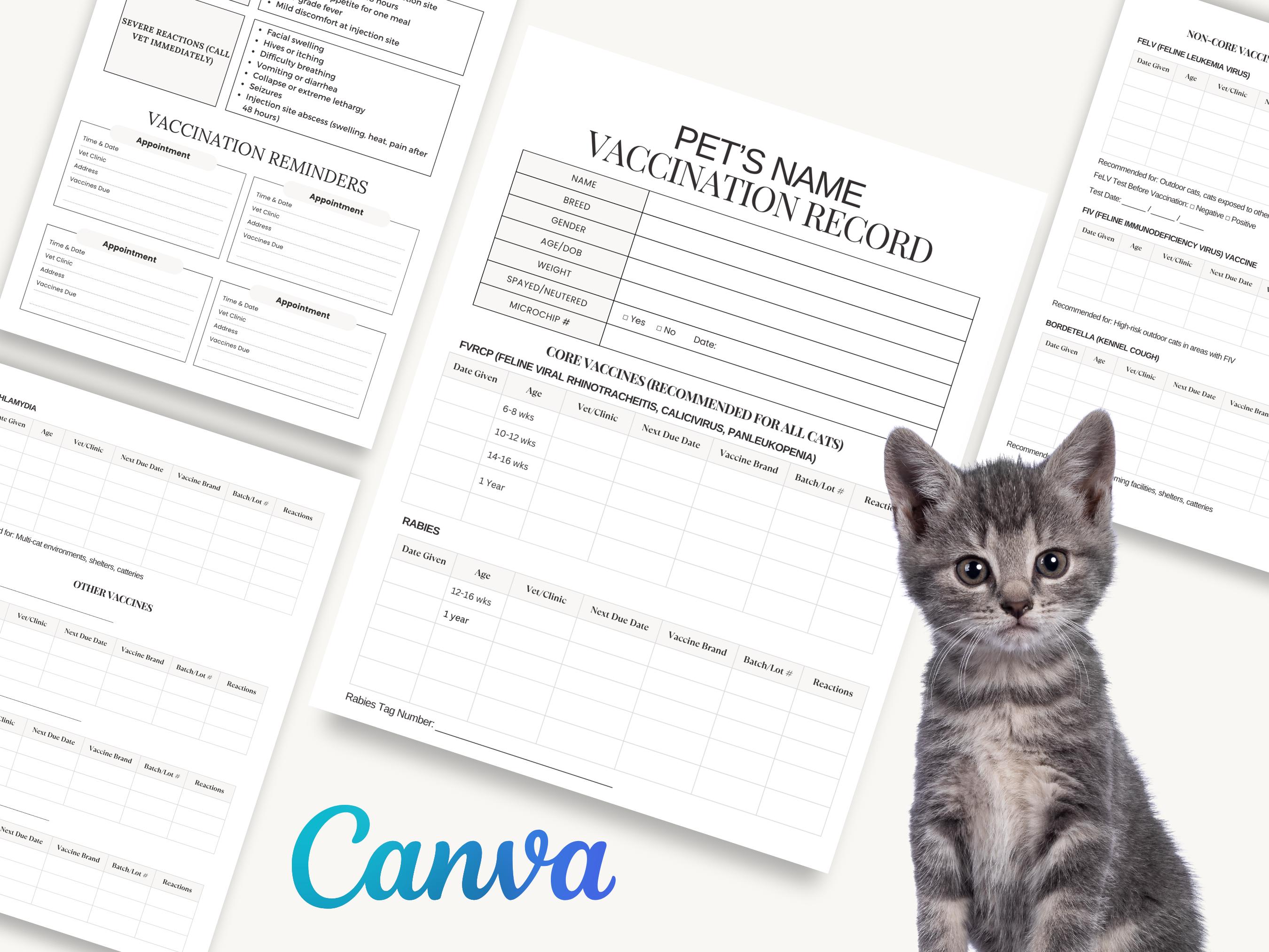 cat vaccination record | editable pet health log, canva template