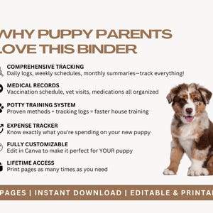Printable puppy tracker binder with 60 pages including puppy proofing checklists, shopping lists, first-week survival guide, growth tracking charts, vaccination records, and emergency preparedness sheets. Designed to support puppy parents with clear organization and professional-level care tracking.