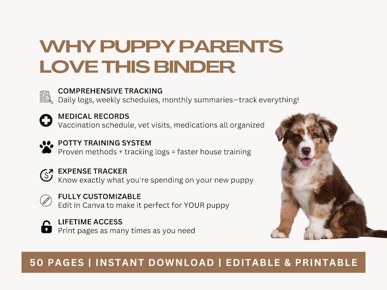 Printable puppy tracker binder with 60 pages including puppy proofing checklists, shopping lists, first-week survival guide, growth tracking charts, vaccination records, and emergency preparedness sheets. Designed to support puppy parents with clear organization and professional-level care tracking.