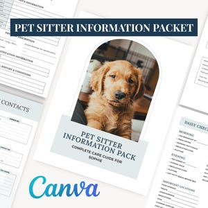 Könnte beinhalten: Ein Informationspaket für Tiersitter mit einem Foto eines Golden Retriever-Welpen. Das Paket enthält Abschnitte für Tierinformationen, Notfallkontakte und eine tägliche Checkliste. Das Canva-Logo ist sichtbar.