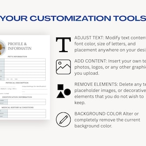 Customize your pet emergency binder in Canva with easy editing tools. Adjust text, font size, color, and design to match your style. Add pet photos, logos, or custom graphics. Remove any sections you don't need. Change or remove background colors. Fully editable Canva template for dog and cat owners. Free Canva account required. No design experience needed. Instant digital download.