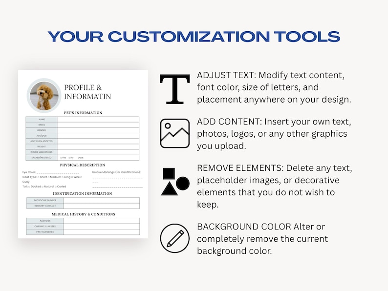 Customize your pet emergency binder in Canva with easy editing tools. Adjust text, font size, color, and design to match your style. Add pet photos, logos, or custom graphics. Remove any sections you don't need. Change or remove background colors. Fully editable Canva template for dog and cat owners. Free Canva account required. No design experience needed. Instant digital download.