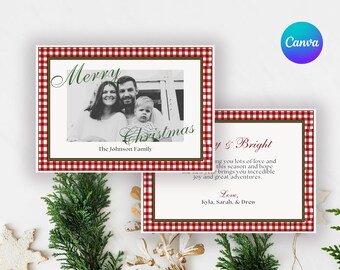 Plaid Christmas Card Template | Red Gingham Holiday Photo, Wavy Frame Happy Holidays Canva Printable