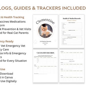Comprehensive cat medical record binder featuring 18 pages to track vaccinations vet appointments medications insurance and emergency information. This clean neutral Canva template helps cat parents stay organized prepared and stress free. Perfect for routine care emergencies boarding travel or sharing medical info with pet sitters and caregivers.