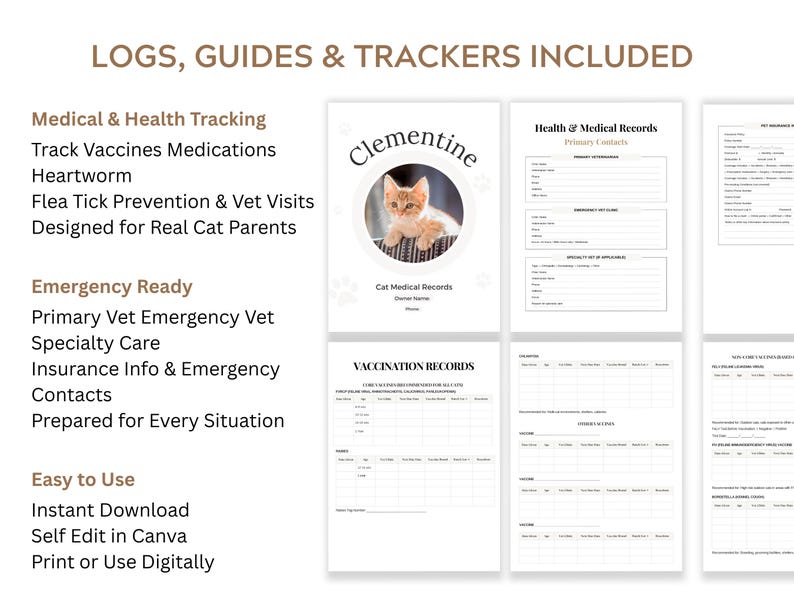 Comprehensive cat medical record binder featuring 18 pages to track vaccinations vet appointments medications insurance and emergency information. This clean neutral Canva template helps cat parents stay organized prepared and stress free. Perfect for routine care emergencies boarding travel or sharing medical info with pet sitters and caregivers.