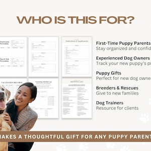Canva puppy planner template for digital or printed use featuring daily schedules, weekly routines, meal planning, potty logs, sleep tracking, training progress, and behavior notes. Ideal for families, breeders, or rescues providing adopters with a complete puppy care system.