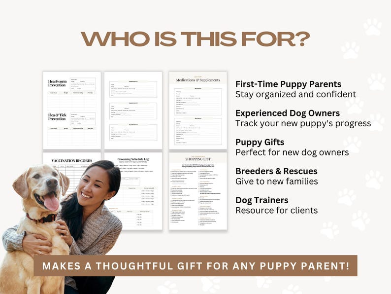 Canva puppy planner template for digital or printed use featuring daily schedules, weekly routines, meal planning, potty logs, sleep tracking, training progress, and behavior notes. Ideal for families, breeders, or rescues providing adopters with a complete puppy care system.