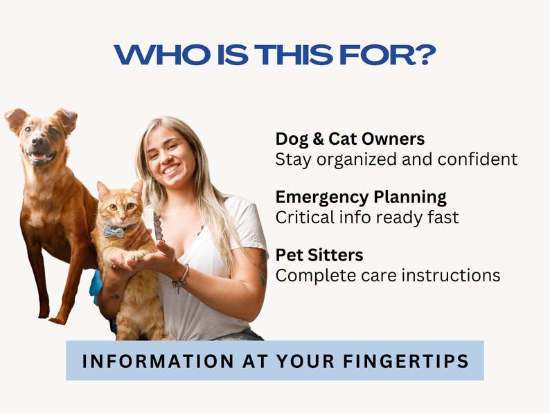 Pet emergency binder for dog and cat owners who want to stay organized and confident. Ideal for emergency planning with critical pet info ready fast. Perfect for pet sitters who need complete care instructions. Multi-pet household friendly. Printable and digital Canva template with editable text, photos, and pet details. Information at your fingertips when it matters most.