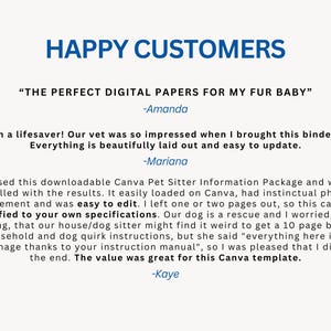 Five star reviews for the Pet Emergency Binder Canva Template from Sunday Social. Customers love the easy Canva editing, organized layout, and professional design. Rated as the perfect digital organizer for dog owners and cat parents. Printable pet care binder with vet records, emergency contacts, vaccination tracker, and feeding schedule. Instant download, free Canva account required.