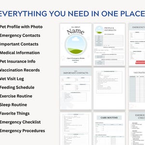 Pet Emergency Binder contents overview. Includes pet profile with photo, emergency contacts, important service providers, pet insurance log, vaccination records, vet visit log, feeding schedule, exercise routine, sleep routine tracker, favorite things notes, emergency checklist, and emergency procedures. 13-page editable Canva template for dog owners and cat parents. Printable and digital use.