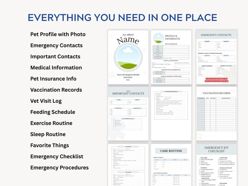 Pet Emergency Binder contents overview. Includes pet profile with photo, emergency contacts, important service providers, pet insurance log, vaccination records, vet visit log, feeding schedule, exercise routine, sleep routine tracker, favorite things notes, emergency checklist, and emergency procedures. 13-page editable Canva template for dog owners and cat parents. Printable and digital use.