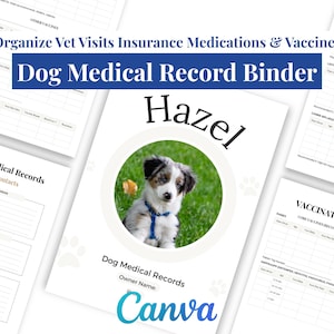 Può includere: Un raccoglitore bianco per cartelle cliniche canine con il nome "Hazel" e una foto di cucciolo. Il raccoglitore include sezioni per cartelle cliniche, vaccinazioni e informazioni sulle visite veterinarie. Il testo "Organize Vet Visits Insurance Medications & Vaccines" è in alto.