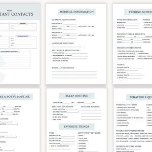 May include: A set of six printable pet care planner pages with a light blue and white design. The pages include sections for important contacts, medical information, feeding schedules, exercise routines, sleep routines, and behavior tracking.