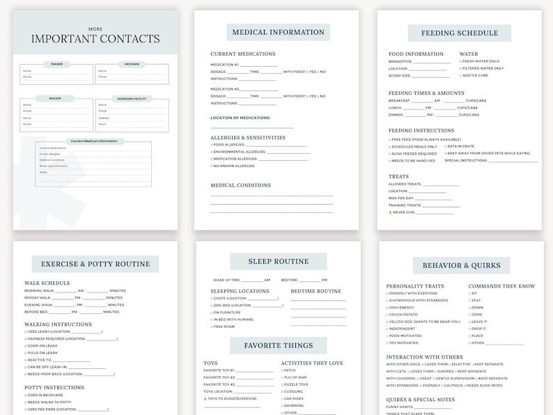 May include: A set of six printable pet care planner pages with a light blue and white design. The pages include sections for important contacts, medical information, feeding schedules, exercise routines, sleep routines, and behavior tracking.