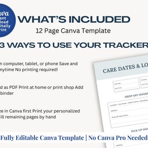 Dog care guide and pet sitter checklist template for Canva showing organized sections for pet information, medical history, feeding instructions, potty routines, behavior notes, and emergency contacts. Ideal for pet owners traveling or leaving pets with a sitter, this reusable digital download helps ensure consistent, safe care for dogs while owners are away.