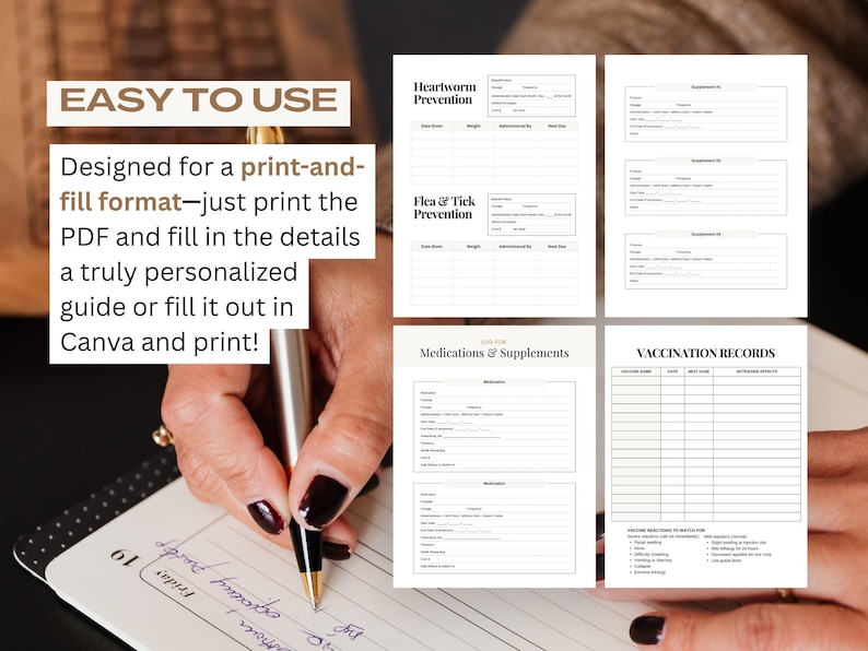 Comprehensive puppy care binder printable and digital Canva template with first-year roadmap, socialization guides, training tips, vet visit logs, medication trackers, grooming schedules, and expense tracking. Perfect for organizing puppy care routines and preventing missed health or training milestones.