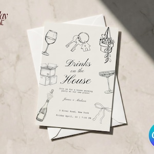 Op de afbeelding: Een witte uitnodigingskaart voor een housewarming met zwarte lijntekeningen van een wijnglas, sleutels, een plant in pot, verhuisdozen, een champagnefles en een cocktailglas. De tekst luidt Drinks on the House, Join us for a house warming party at our new place!, James & Madison, 3 River Road, New York, Friday April, 22 | 7:00 PM.