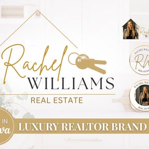 Op de afbeelding: Een goud-zwarte vastgoedmerkkit met de naam "Rachel Williams", een huisschets en sleutels. Bevat logo-variaties en de tekst "Luxury Realtor Brand Kit" en "Made in Canva".